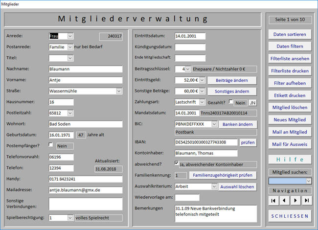 Mitgliederverwaltung - die Mitgliedsdaten